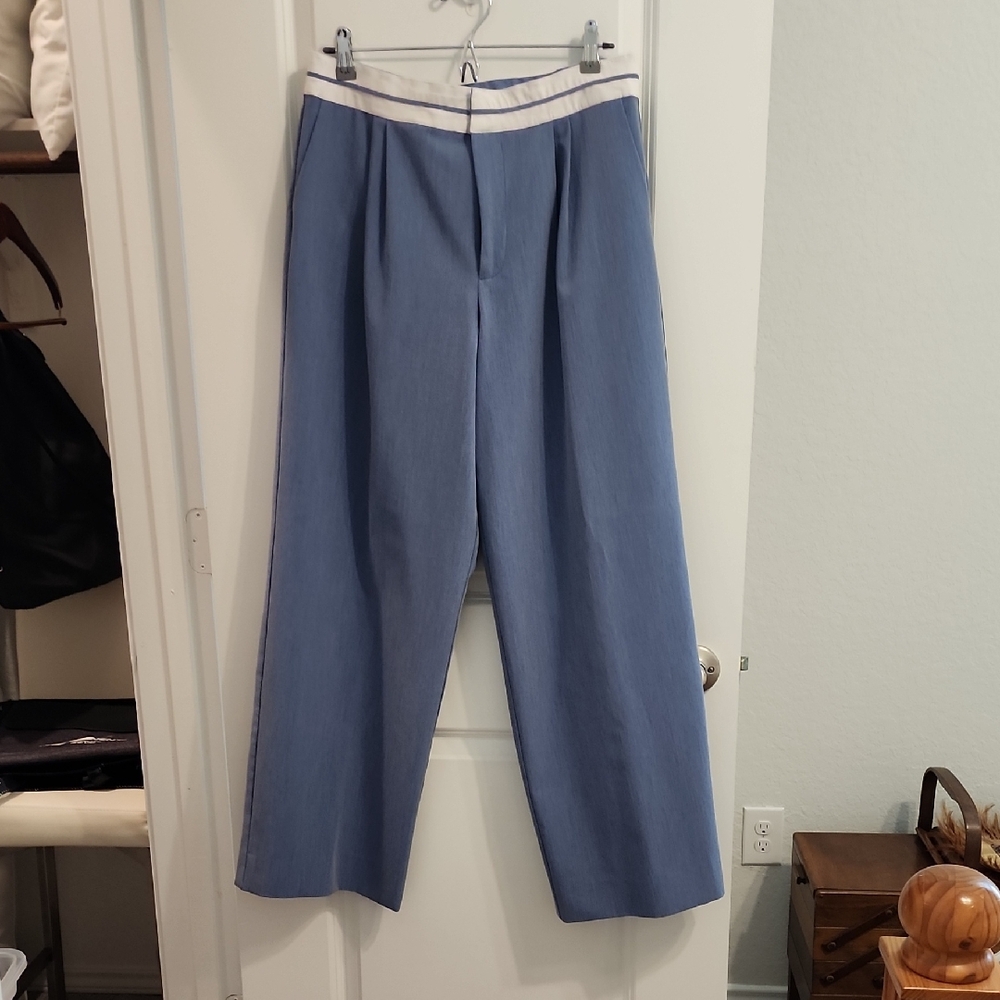 Wayf Preston Pleated Chambray Blue Trousers Pants